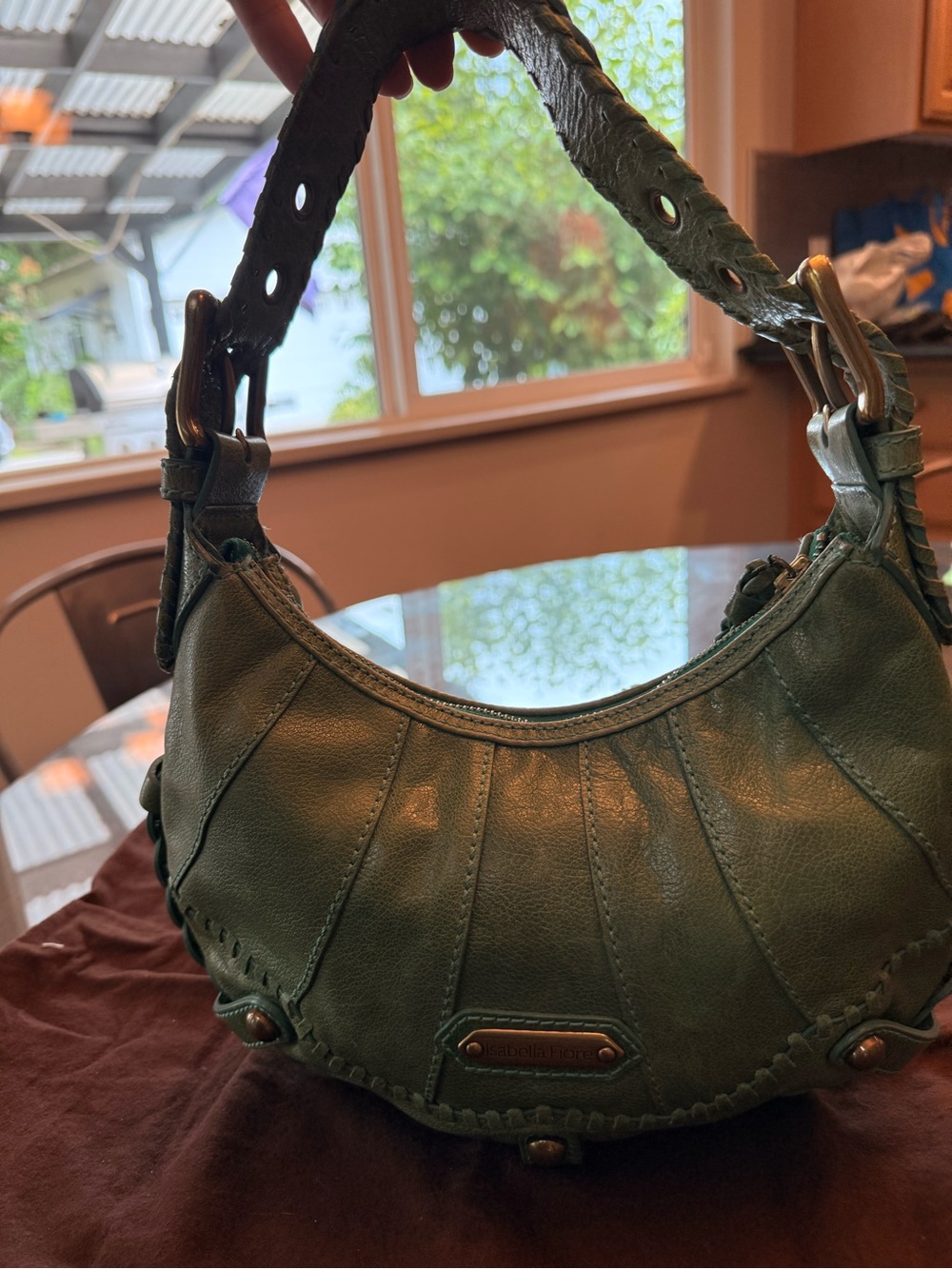 Isabella Fiore Green Leather Shoulder Bag with Pink & Teal 'LOVE' Graphic - Picture 3 of 6